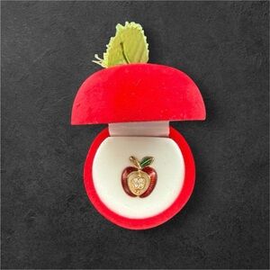 Vintage Red Apple velvet Jewelry Box with Gold and Red Apple lapel pin.
